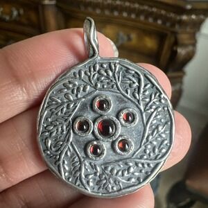 VTG Pendant 1.5 Inch Red Garnet Olive Branch Leaves Israel 925 Sterling 11.0g